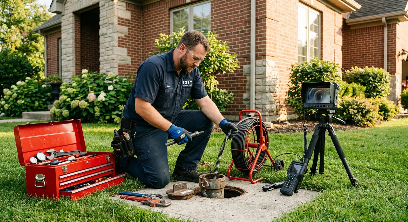 Sewer specialist with camera equipment servicing a cleanout in Anadarko