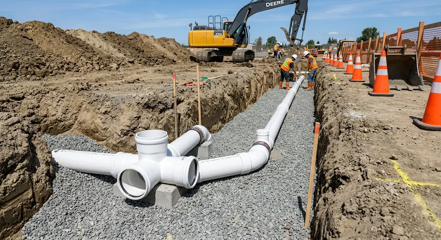 New PVC sewer pipe installation in open trench for Sewer Backup in Anadarko